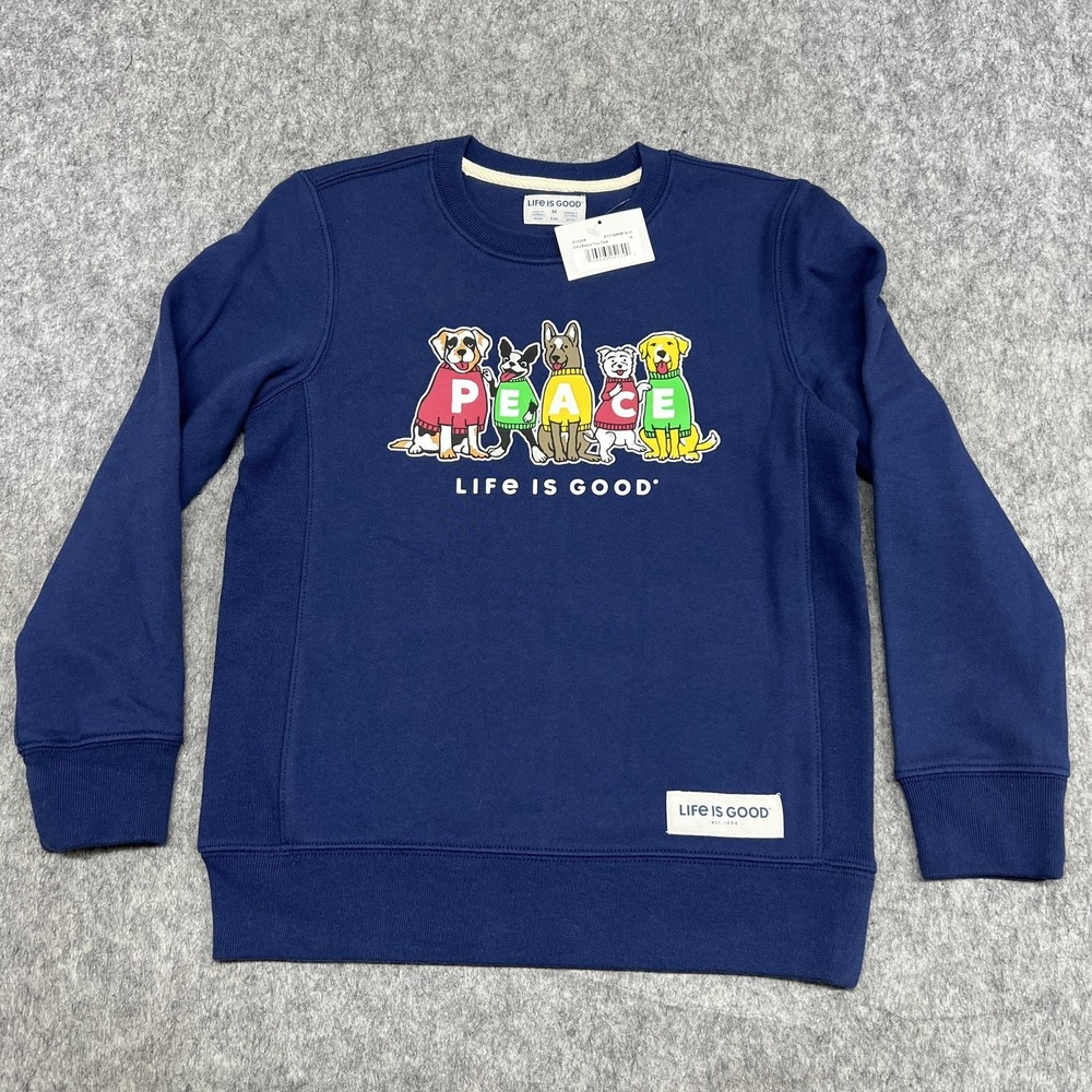 Life Is Good Sweatshirt Boys‎ M Blue Peace Dogs Graphic Fleece Pullover Crewneck